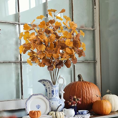 Miniatura 9 de 6 piezas de hojas de ginkgo artificiales de otoño, tallos de hojas de otoño, tallos de hojas de otoño en aerosol para jarrones, centros de mesa para