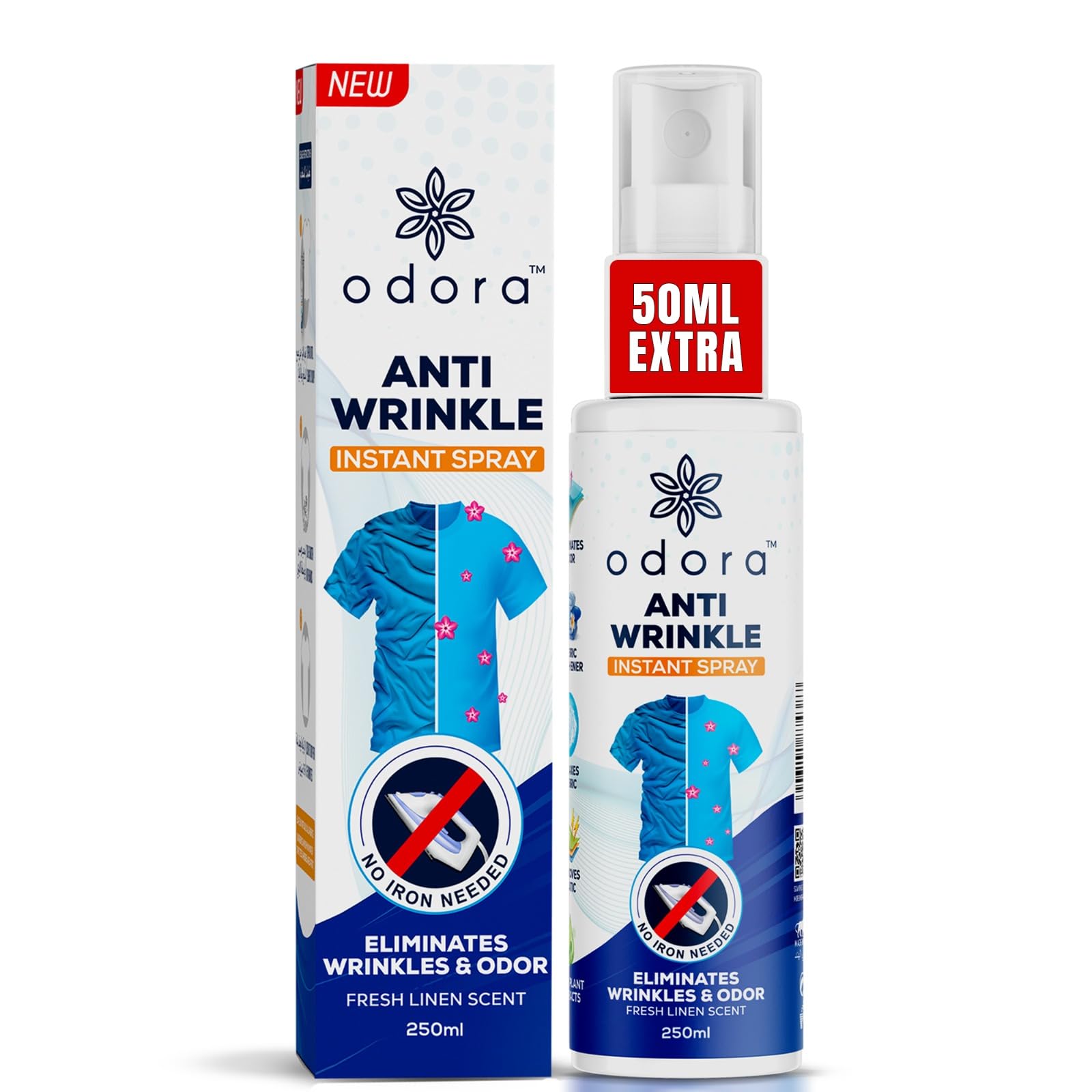 Odora Anti-Wrinkle Fabric Spray- Instantly Removes Wrinkles without Iron or Steamer in 5 Minutes, Anti-Static, No iron needed, No Stains, No Fading of clothes, 250 ml