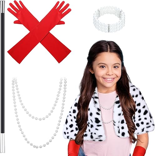 Yaomiao Kids Girl 5 Pcs Halloween Faux Stole Accessories Set Black and White Scarf Red Gloves for 1920s Costume Cosplay Party