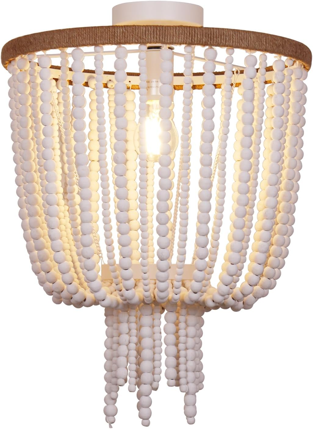 16" Wood Beaded Semi Flush Ceiling Light - Bohemian Style Chandelier for Dining Room, Bedroom, Living Room