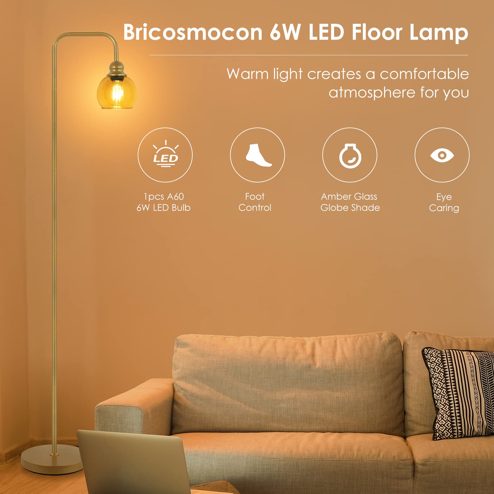 Lámpara de pie moderna para sala de estar con bombilla LED de 6 W, lámpara de pie industrial, vidrio ámbar, lámpara alta de lectura clásica para oficina en casa, lámpara de pie para estudio, 2