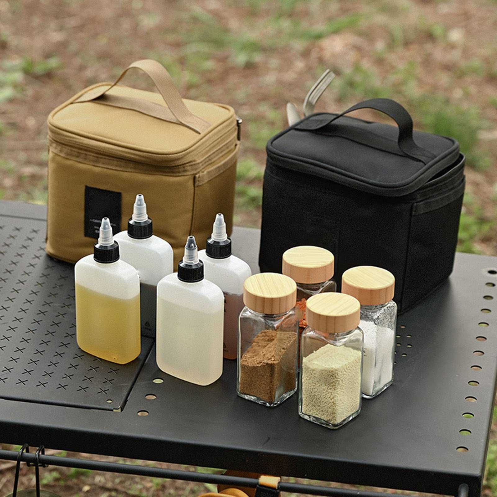 yaogohua Picnic Bag Picnic Basket Picnic Accessories Blanket Storage Spice Bottle Carry Bag Removable Inner Divider Oxford Cloth Portable Seasoning Jar Bag for BBQ Picnic Camping (Black)