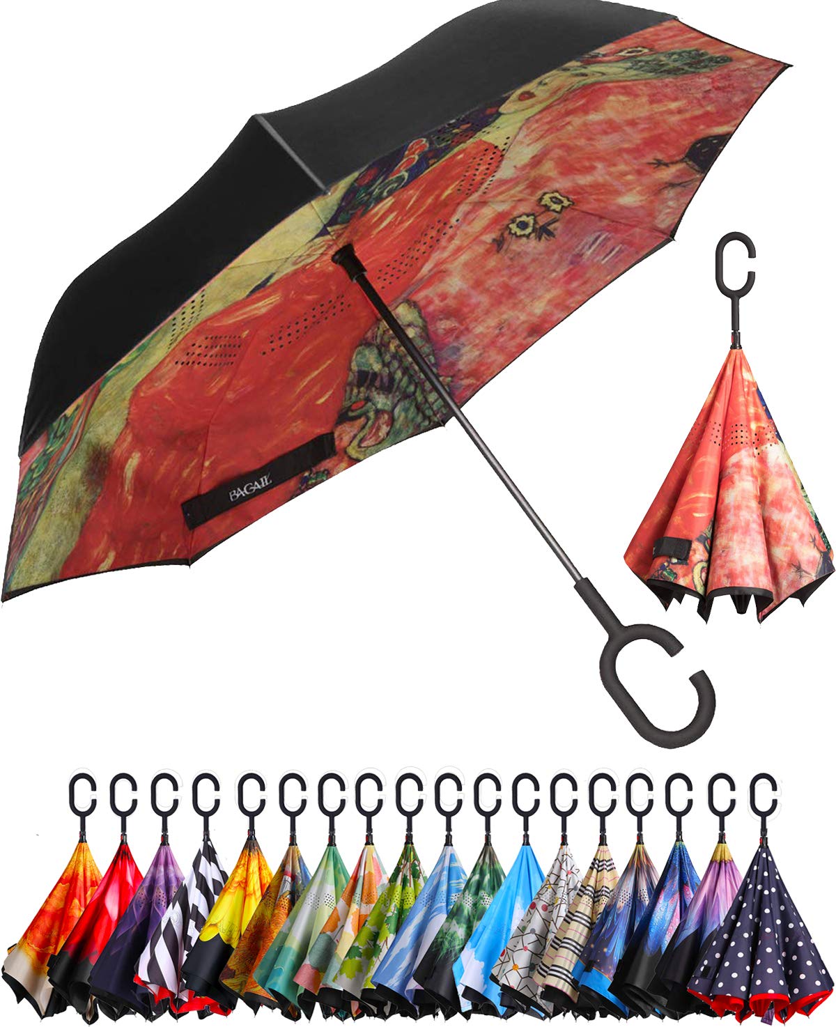 BAGAIL Double Layer Inverted Umbrella Reverse Folding Umbrellas Windproof UV Protection Big Straight Umbrella for Car Rain Outdoor with C-Shaped Handle (Beauty Painting)