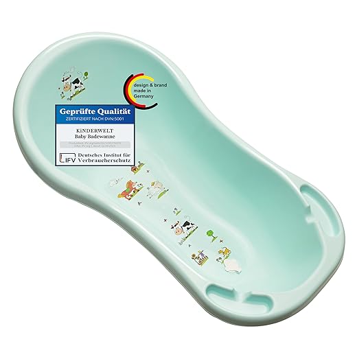 KiNDERWELT Babywanne 100 cm - Baby Badewanne mit Funny Farm Motiv - BPA-Frei - Wanne zum Baden für Babys und Neugeborene -aqua