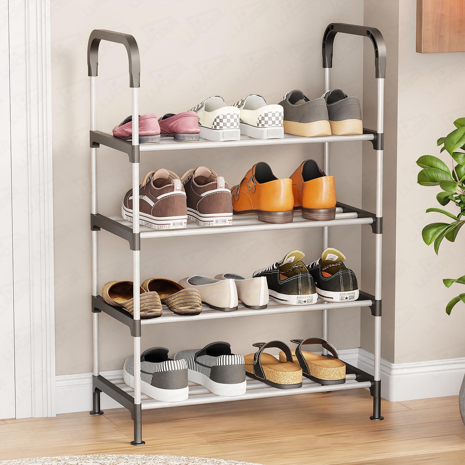 Lukzer 4-Layer Metal Plastic Shoe Rack Organizer | Freestanding, Durable and Sturdy, Space-Saving Storage Solution for Entryway, Closet, and Living Room MSR-004 Black & Silver (88x28x54 cm)