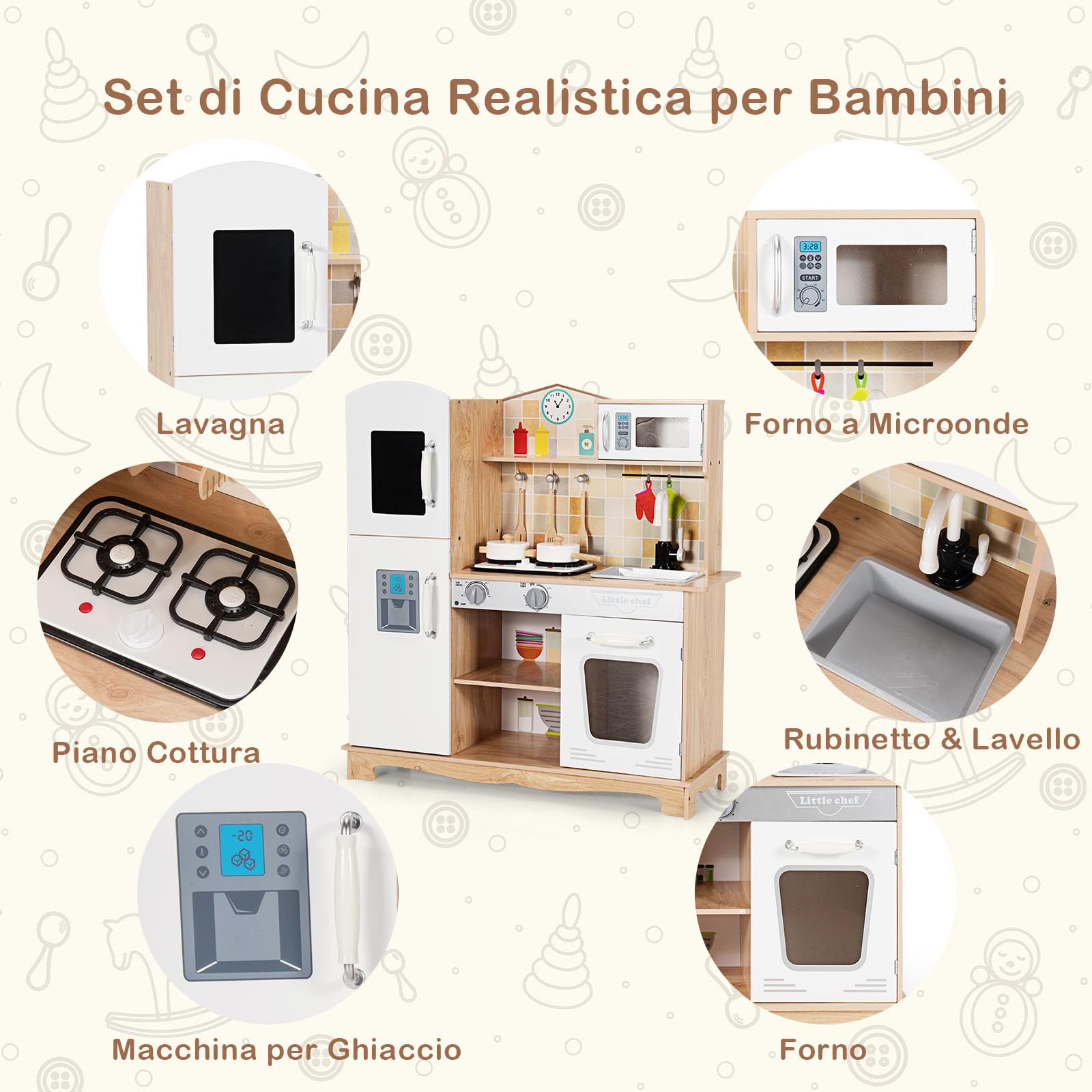 GYMAX Cucina Giocattolo per Bambini, Mini Cucina in Legno con Armadietti e Accessori, Suoni e Luci Realistici, Migliorare la Capacità Pratica, Adatto a Bambini di 3-7 anni (Naturale)
