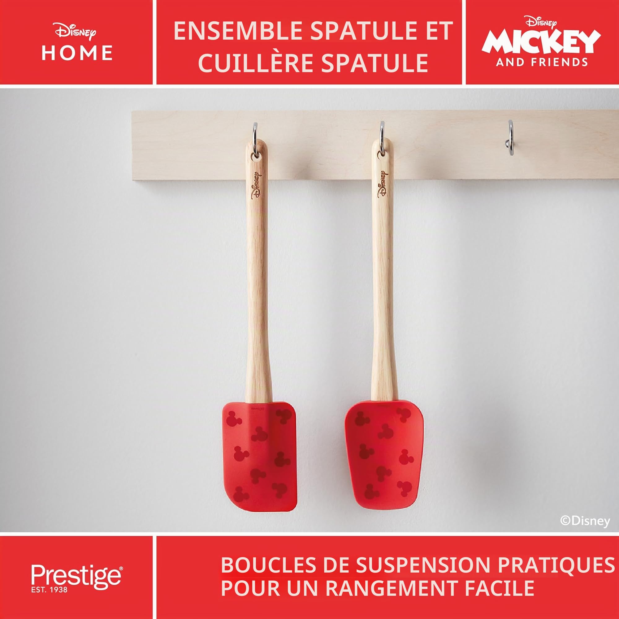 Prestige Lot de 4 ustensiles de cuisine Disney Bake with Mickey Mouse avec cuillères à mesurer, spatule en silicone, rouleau à pâtisserie et emporte-pièce