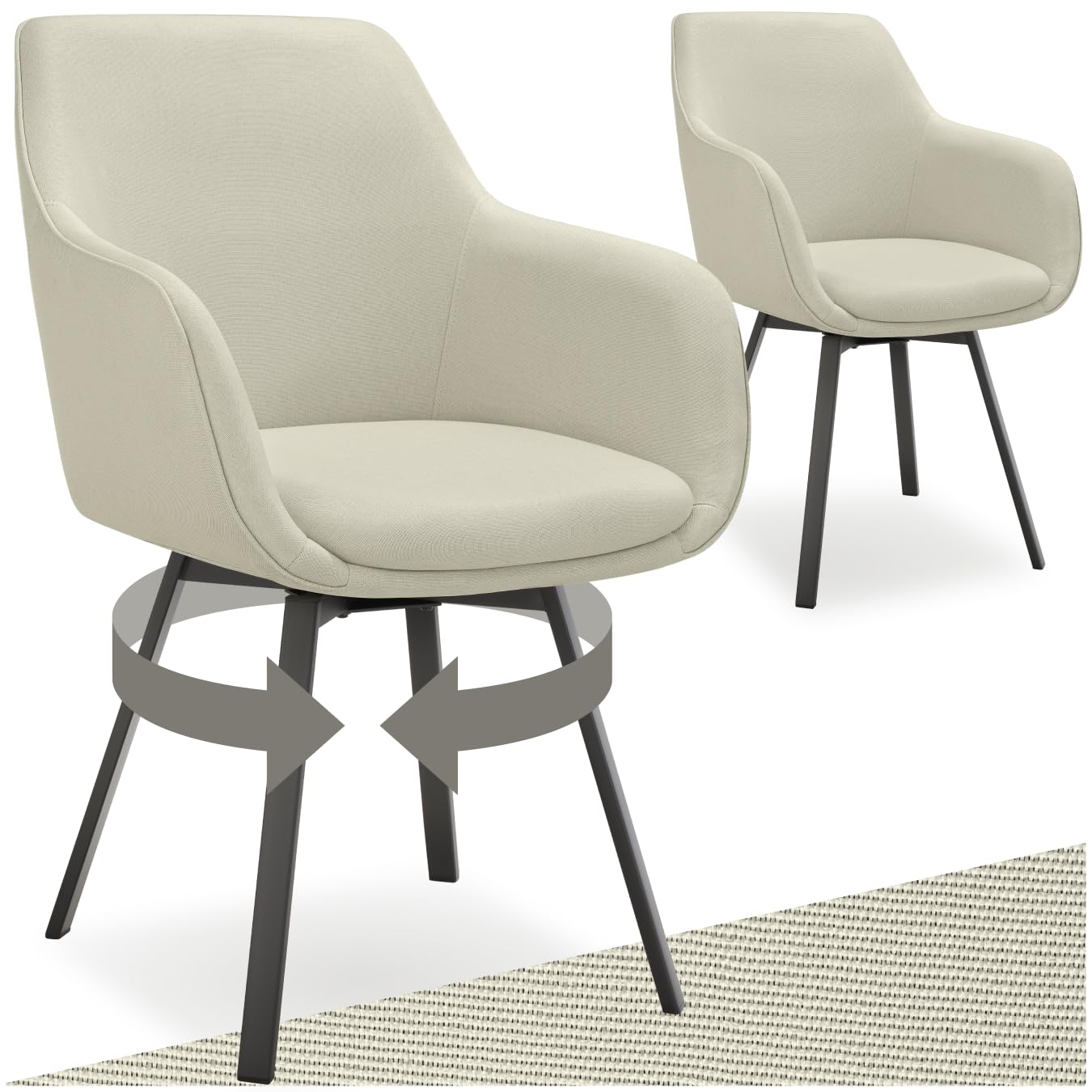tectake® Silla Giratoria con Reposabrazos, Tapizada y con Acolchado de Alta Densidad, Patas de Acero 360°, Antideslizante, Montaje Rápido, Ideal para Comedor, Cocina y Dormitorio - 2 Sillas Beige