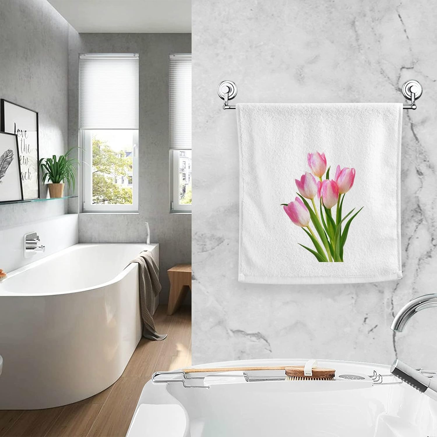 Soft Cotton Face Wash Towels Pink Tulip Flowers Bouquet Spring Bath Hand Towels for Working Out Bathroom Decorative Set of 2 for Guest Shower 16x30 Inches