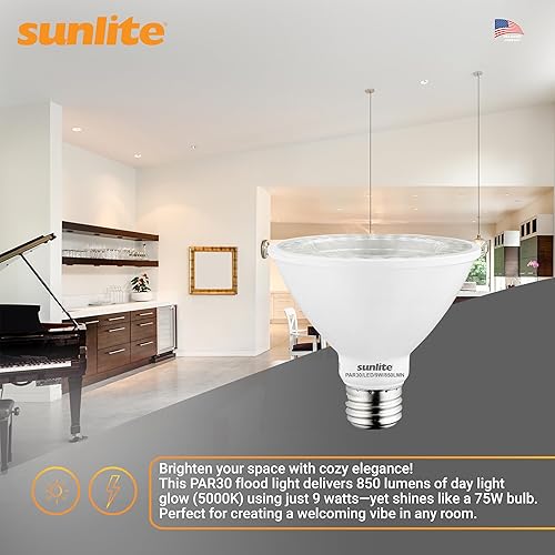 Miniatura 5 de Sunlite 40982-SU - Bombilla LED PAR30 de cuello corto, 9 vatios, (equivalente a 75 W), 850 lúmenes, base de tornillo medio (E26), regulable,