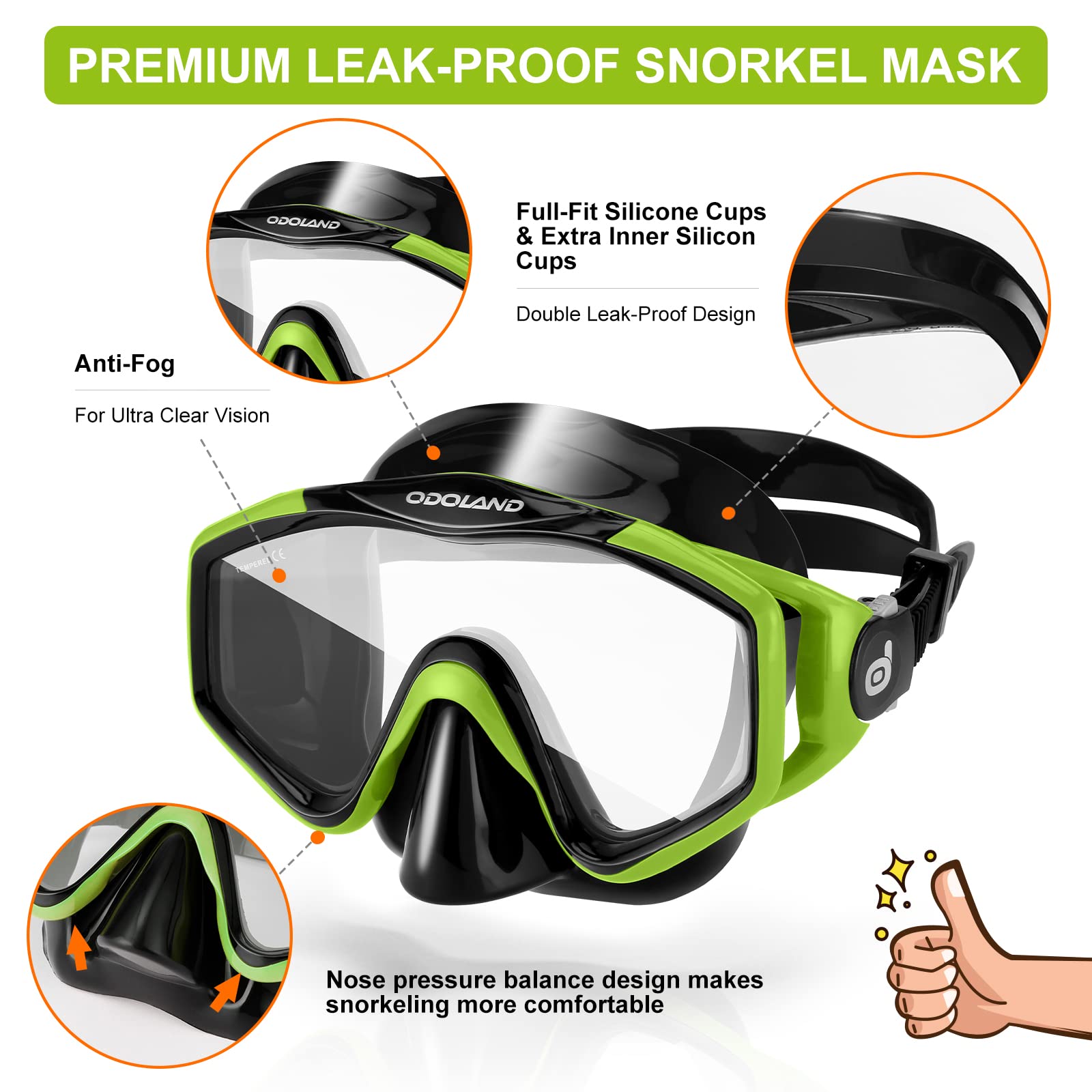 Odoland 4-in-1 Snorkel Set For Adults - Complete Snorkeling Gear With Dry Top Mask, Fins, & Mesh Bag - Anti-Fog & Anti-Leak