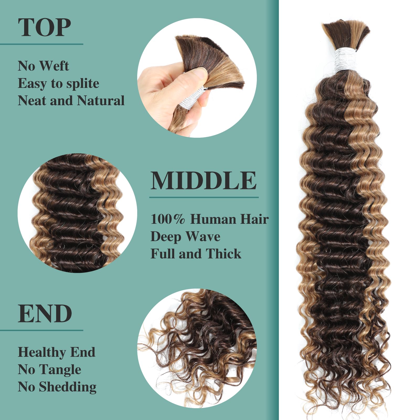Humistwbiu Human Braiding Hair Highlight Water Wave Bulk Human Hair 10A Brazilian Braiding Hair for Boho Braids1 Bundle 100g (P4/27-22 Inch) - Image 2