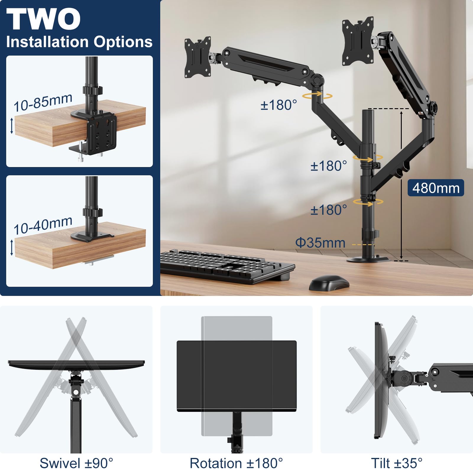 Monitor Halterung 2 Monitore für 17-40 Zoll, hält bis zu 12 KG, Monitor Arm für 2 Monitore vertikal/parallel Platzierung, mit Klemme und Tüllenbefestigung, VESA 75/100 mm