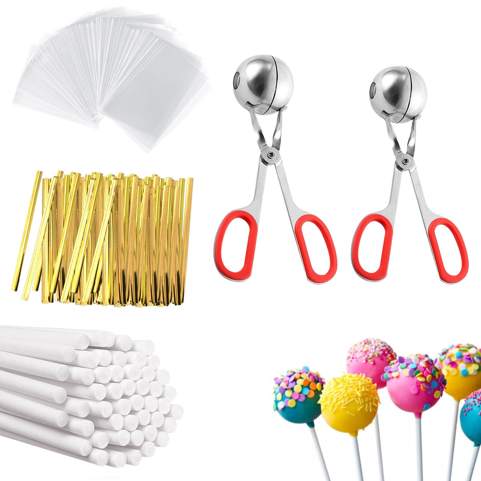 Cake Pop Sticks Meatballs Stainless Steel Meatball Maker Cake Pop Scoop Metallic Twist Ties and Meat Baller with Handles, Cake Pops Making Tools for Candies, Chocolates and Cookies