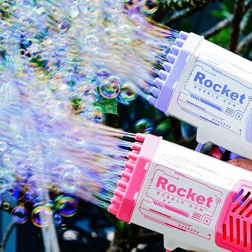 Vista 2 de Bubble Guns,69 Holes Bubbles Machine for Kids Adults,Colorful Light Strong Wind Bubble Rocket Launcher,Children's Toys Bubble Blower with 2 Bubble