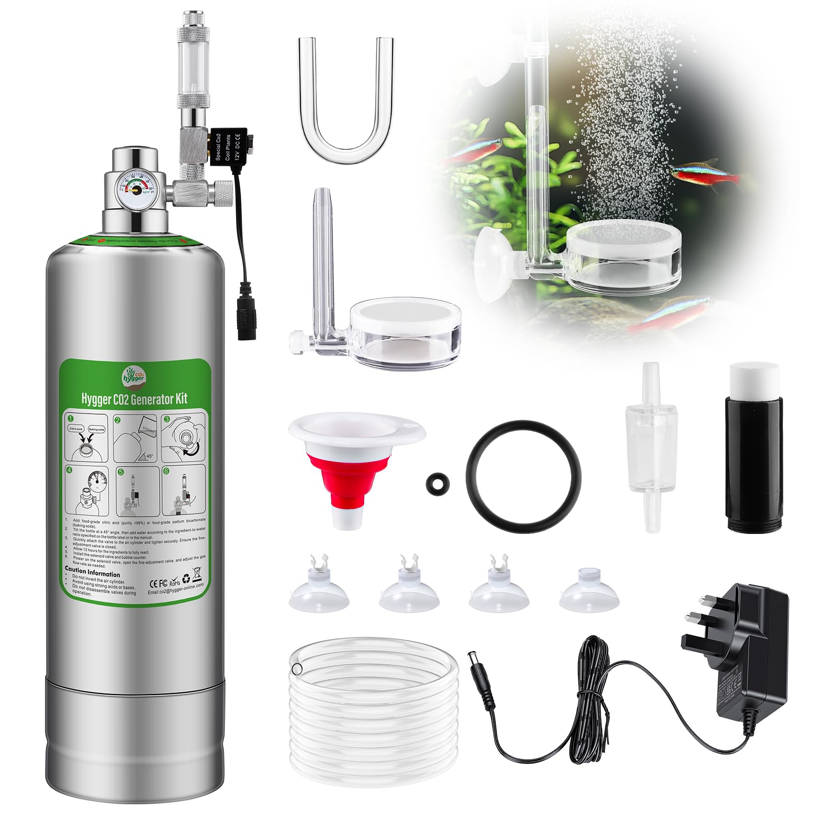 5L Aquarium CO2 Generator System Carbon Dioxide Reactor Kit, co2 Aquarium kit diy co2 kit for aquarium with Regulator Solenoid Valve, bubble counter for Aquarium Planted tank 60L to 300L