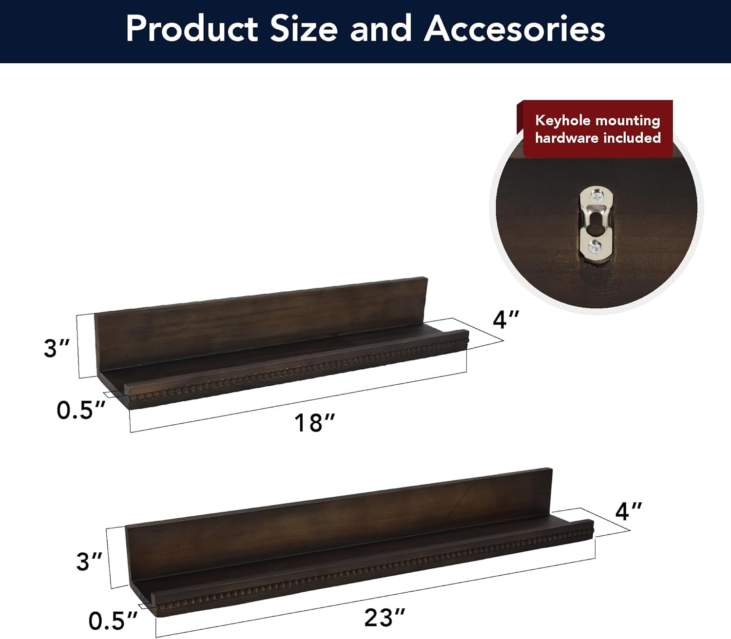 American Art Decor Beaded 2-Piece Floating Wall Shelf Ledge Set, Kona Dark Brown Shabby Chic Carved Picture Ledge Shelves with Lip, Decorative Wall Ledge for Nursery, Gallery, or Living Room Display