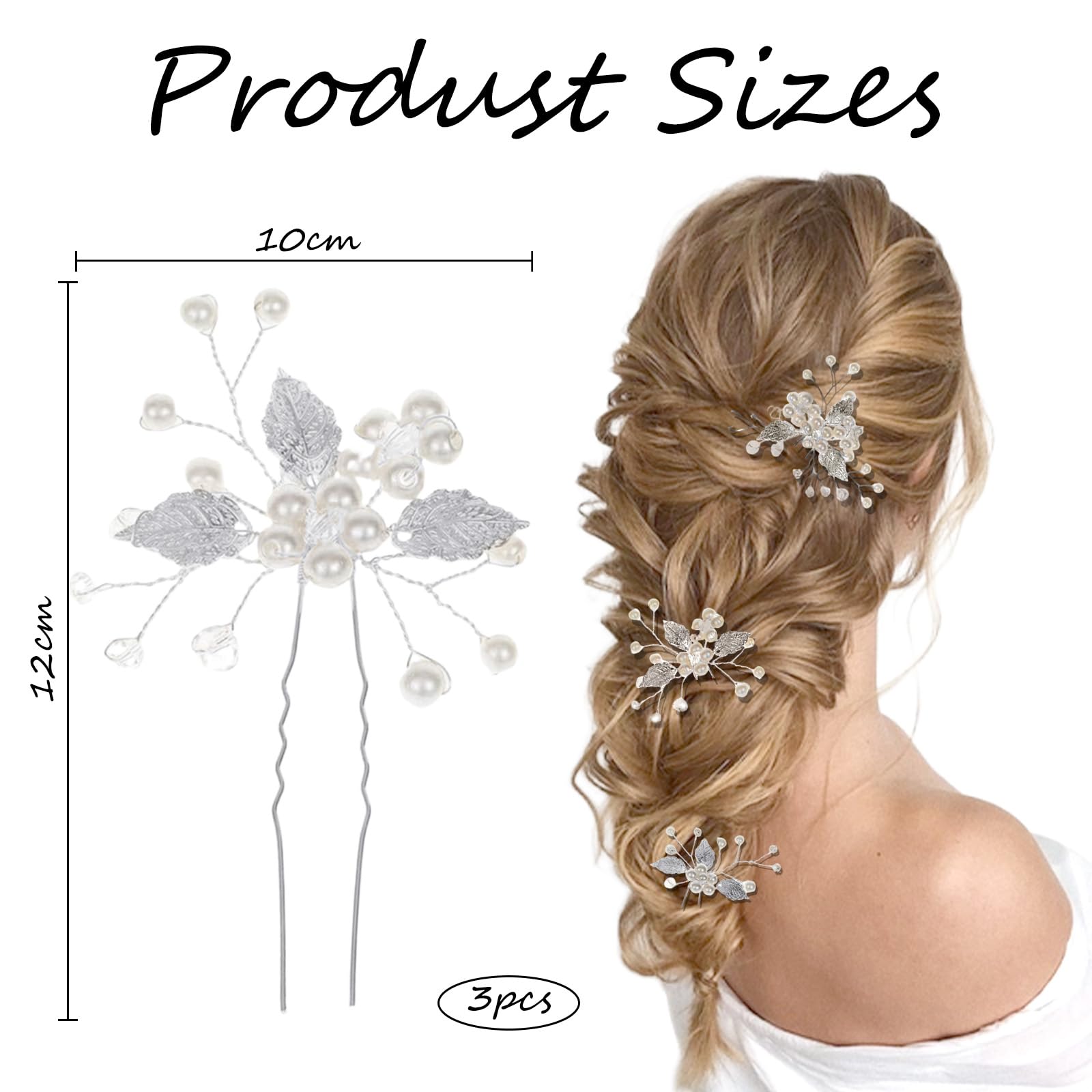 3PCS Silver Leaf Hair Pins U-Shaped Wedding Hair Accessories for Women and Girls, Bride Silver Hair Clips Leaf Headpiece for Bridesmaids, Prom, Party Updo Styling - Image 2