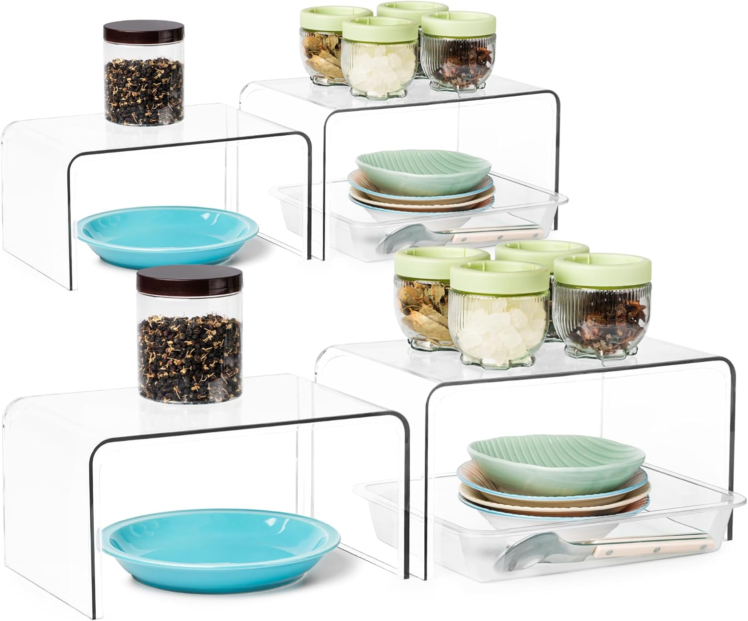FJNATINH Clear Shelf Riser, 4Pack Cabinet Organizer Shelf 4mm Thick Display Risers Countertop Desk Table Top Organizers and Storage Shelves for Toys Figures Cosmetics Perfume, with Tray