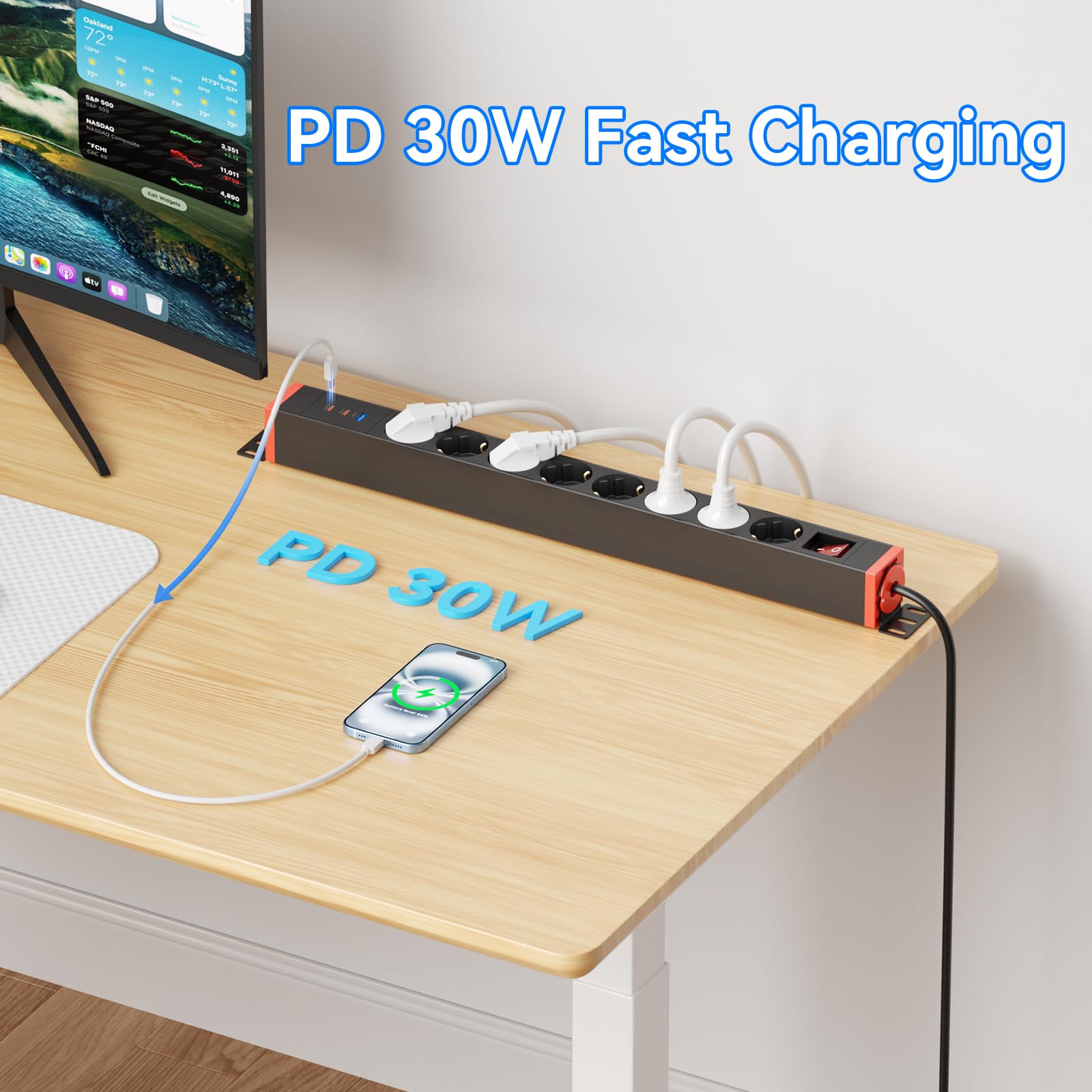 Regleta Enchufes 8 Tomas con Protección contra Sobretensiones y USB-C 30W, Regleta Giratoria 360° para Montaje en Pared, Cable de Extensión 1,8 m, 16A/4000W, Blanco