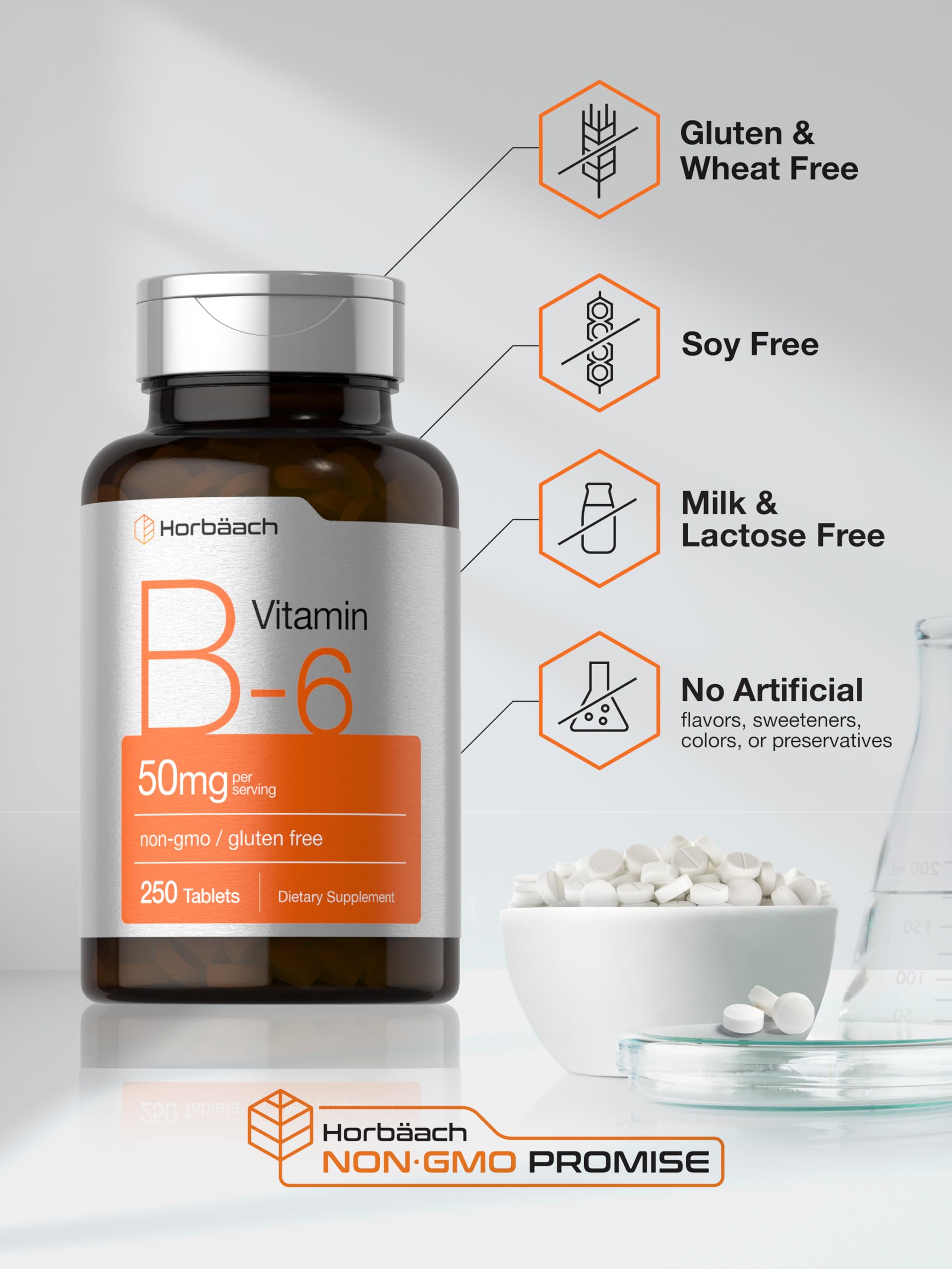 Horbäach B6 Vitamin 50mg | 250 Tablets | Non-GMO & Gluten Free Supplement — Amazon image 5