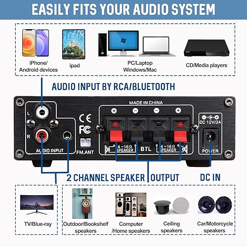 Miniatura 5 de Sunbuck Mini amplificador, amplificador estéreo de 2 canales, amplificador de potencia de salida máxima de 300 Wx2, amplificador Bluetooth para