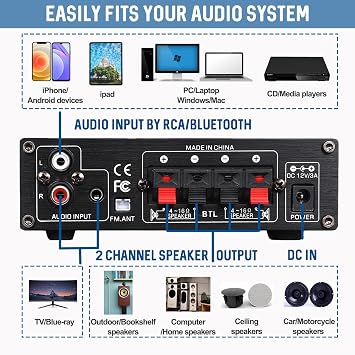 Sunbuck Mini Amplifier, 2 Channel Stereo Amplifier, Power Amplifier Max 300Wx2 Output, Bluetooth Amplifier for Home Speakers, Stereo Receiver with RCA/USB/FM/AUX, Mini Amplifier for Speakers, AS-22
