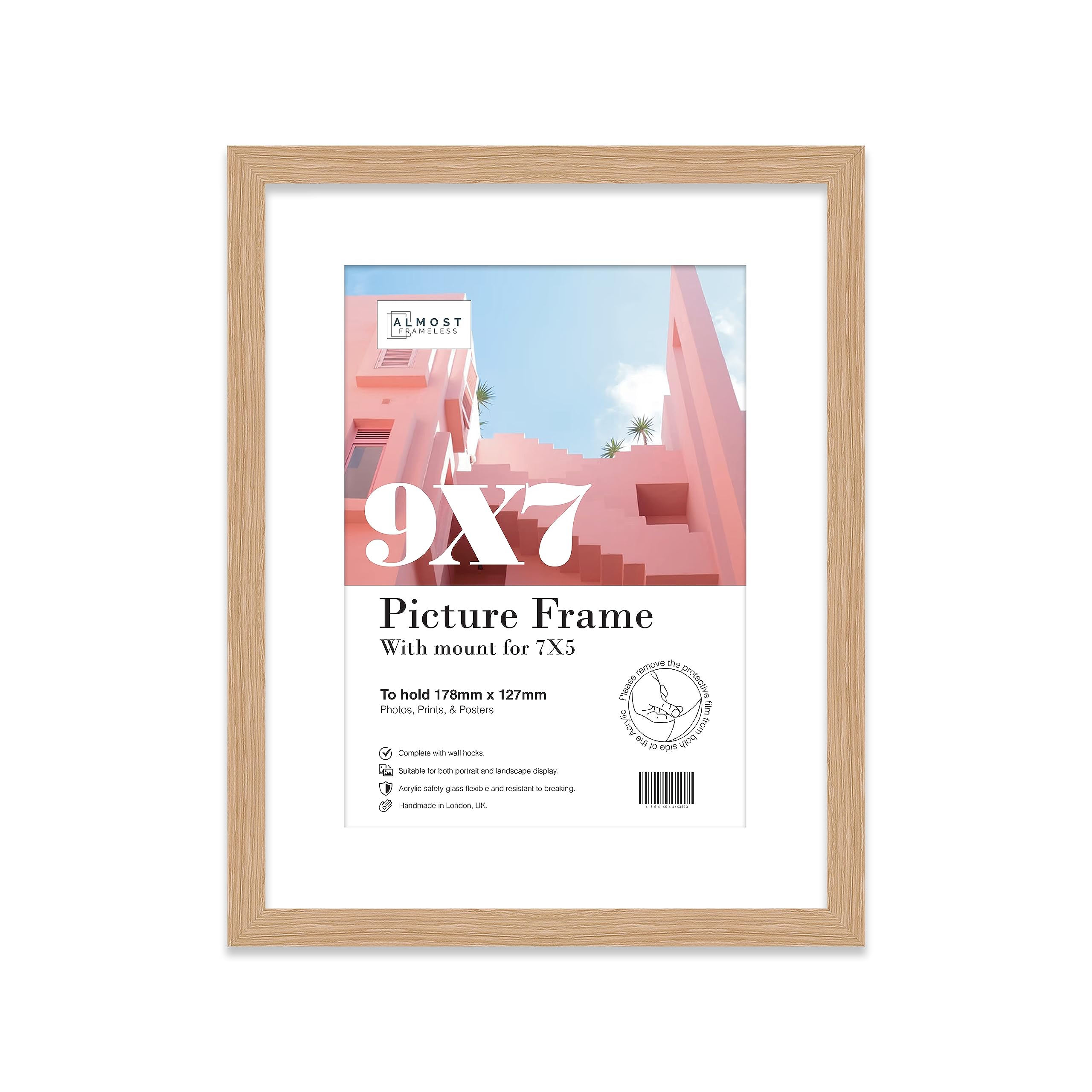 Almost Frameless 9x7 Oak Picture Frame With Mount for 7x5 Print, Poster or Photo Poster, Photo, Artwork, or Print. Thin Edge Slim Frame Portrait and Landscape Display with Wall Hooks