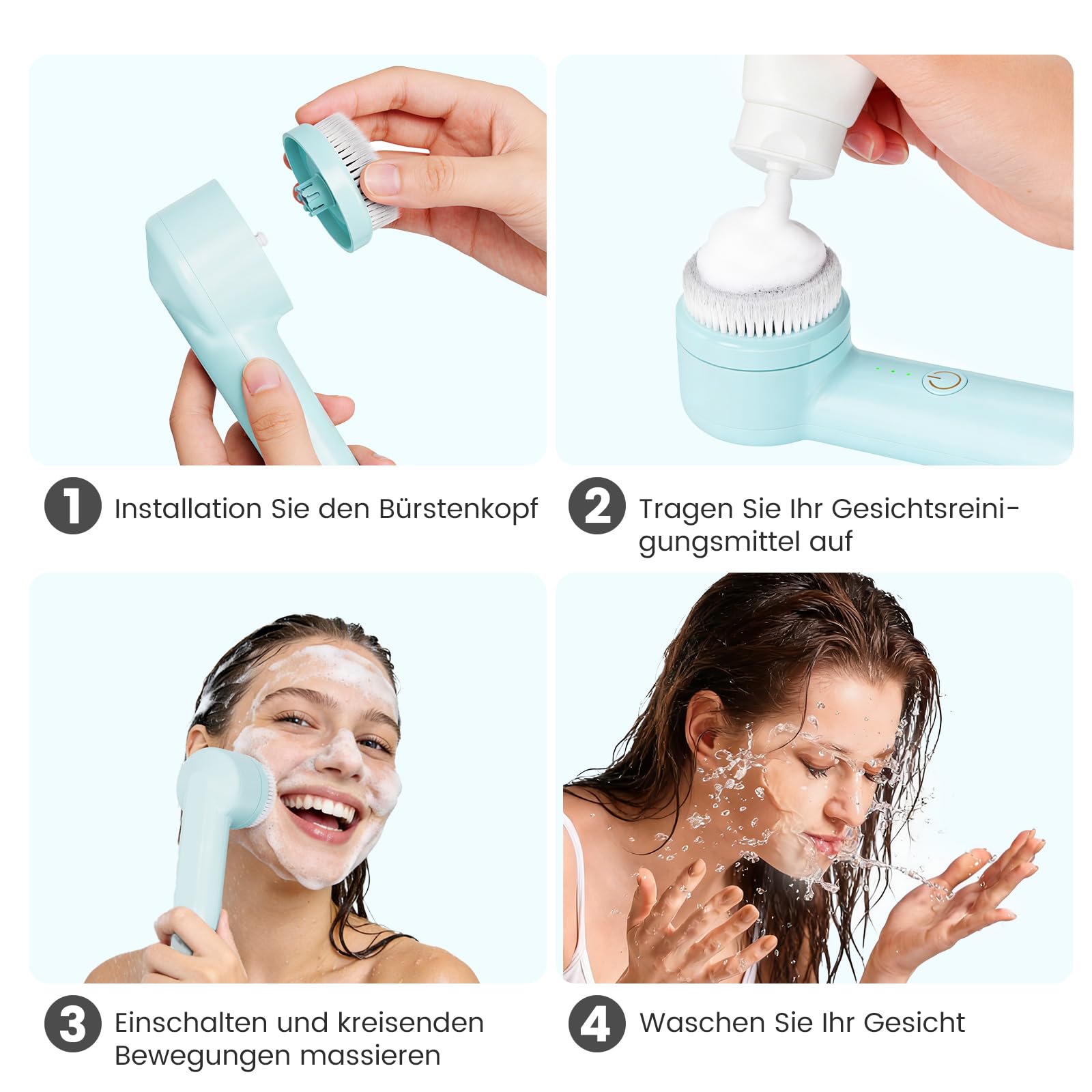 Elektrische Gesichtsbürste mit 2 Drehrichtungen, 3 IN 1 Gesichtsreinigungsbürste Wiederaufladbar mit 3 Aufsätzen & 3 Geschwindigkeiten für alle Hauttypen für Exfoliation Poren