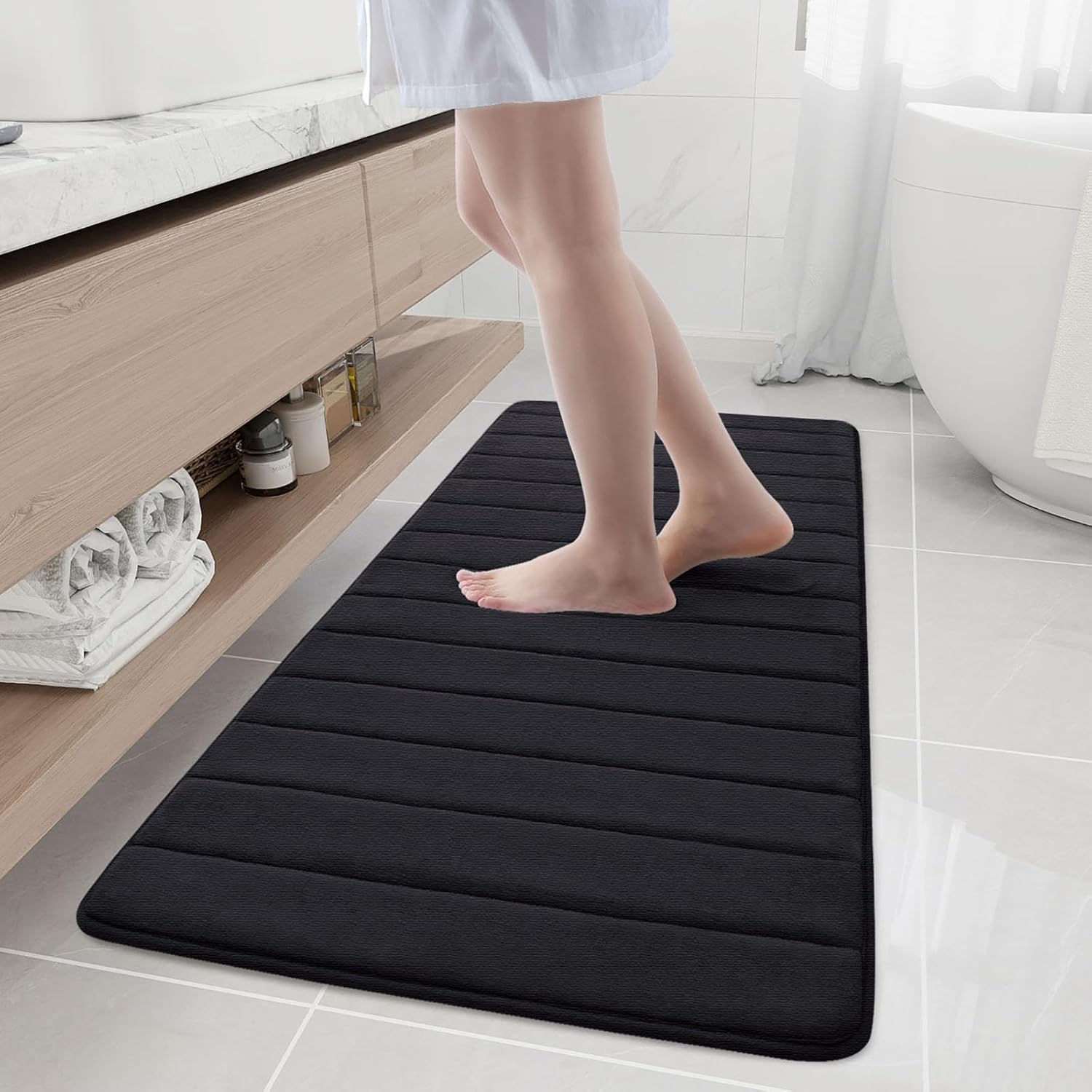 Buganda Memory Foam Bath Mat Rug, 55" x 24", Ultra Soft and Non-Slip Bathroom Rugs, Water Absorbent and Machine Washable Bath Rug Runner for Bathroom, Shower, and Tub, Black 55" x 24" Black