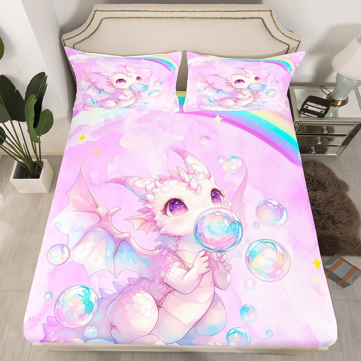 Manfei Dragon Bed Sheet Set 3 Pieces,Mystic Ancient Animal Gothic Blue Purple Microfiber Bedding Set Without Flat,Watercolor Wildlife Wings Clouds Sky Paint Fitted Sheet,2 Pillow Cases,Full Size