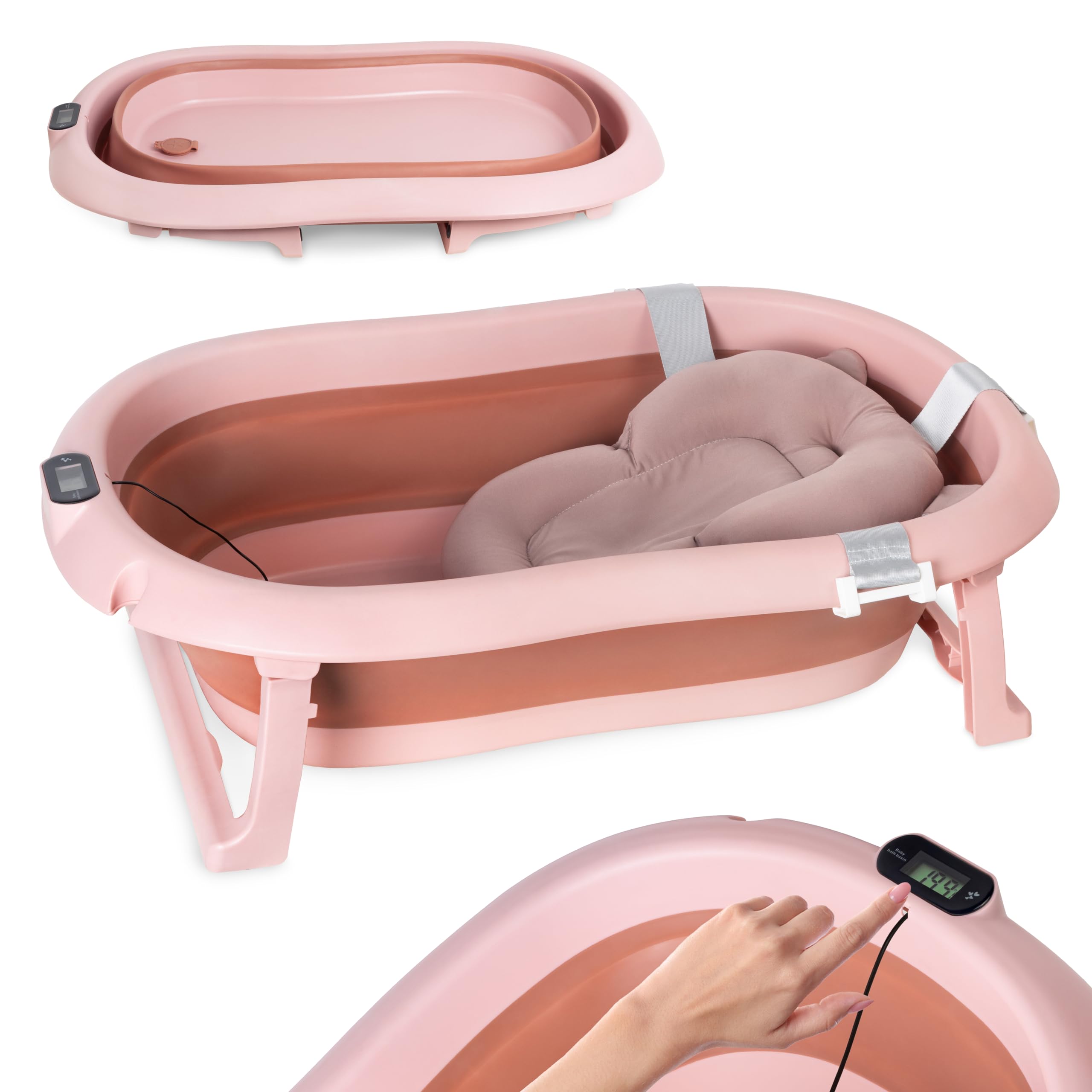 Bañera para bebé de 80 cm, plegable, color rosa oscuro, 0-36 meses | Con termómetro y cojín de baño para bebé para niños Bañera portátil