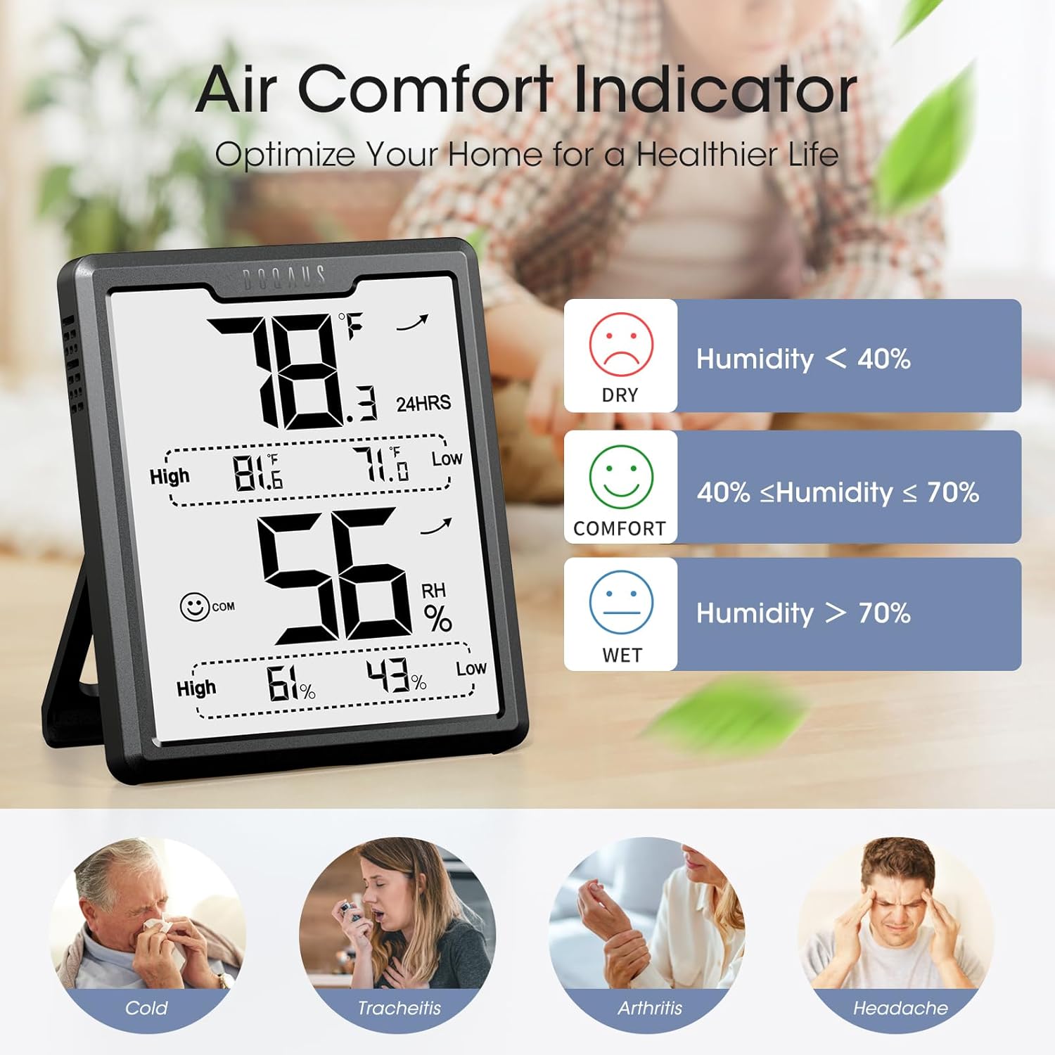 Close-up of DOQAUS Hygrometer display showing temperature, humidity, and max/min records
