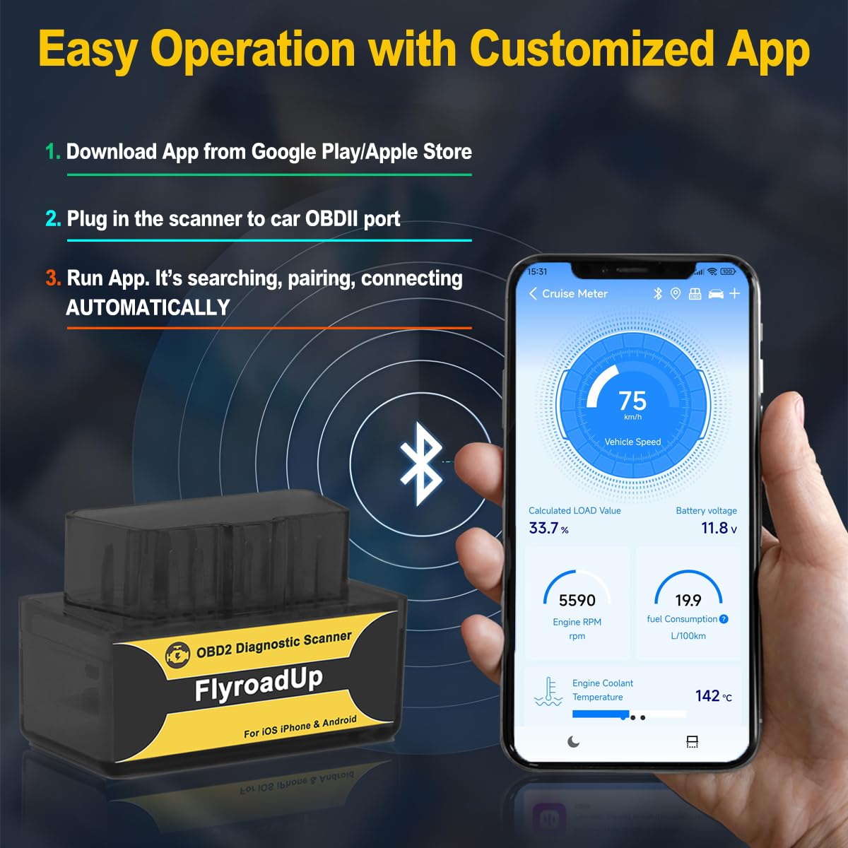 Escáner Bluetooth OBD2 para iOS iPhone y Android, Herramienta de diagnóstico inalámbrica para Lector de código de Coche para Comprobar la luz del Motor, Funciona en vehículos OBDII 1996 y