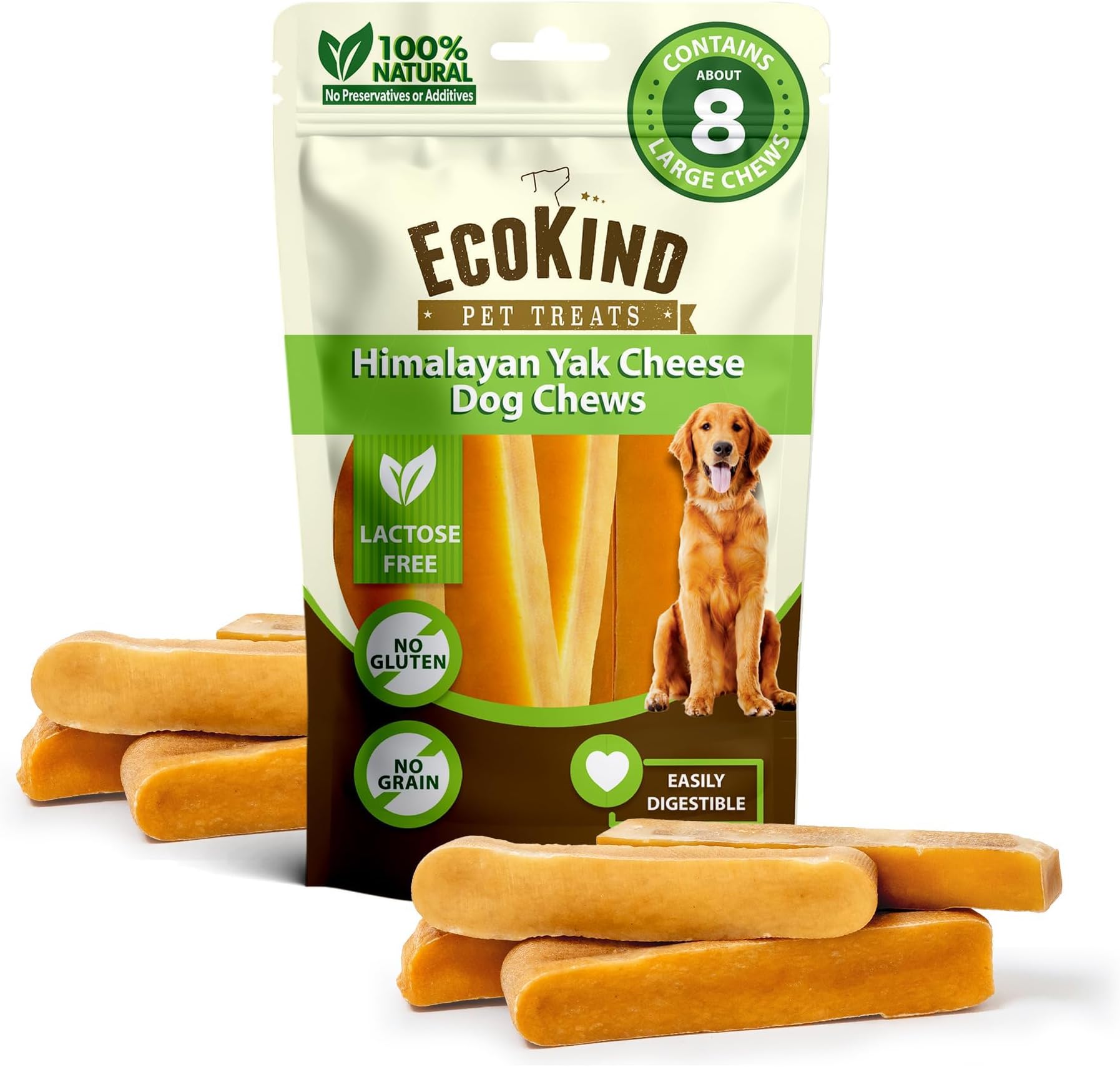 - EcoKind Premium Gold Yak Cheese Himalayan Dog Chews, Dog Treats Large Breed, All Natural, High Protein, for Aggressive Chewers, Large - 8+ Chews (2 lbs)