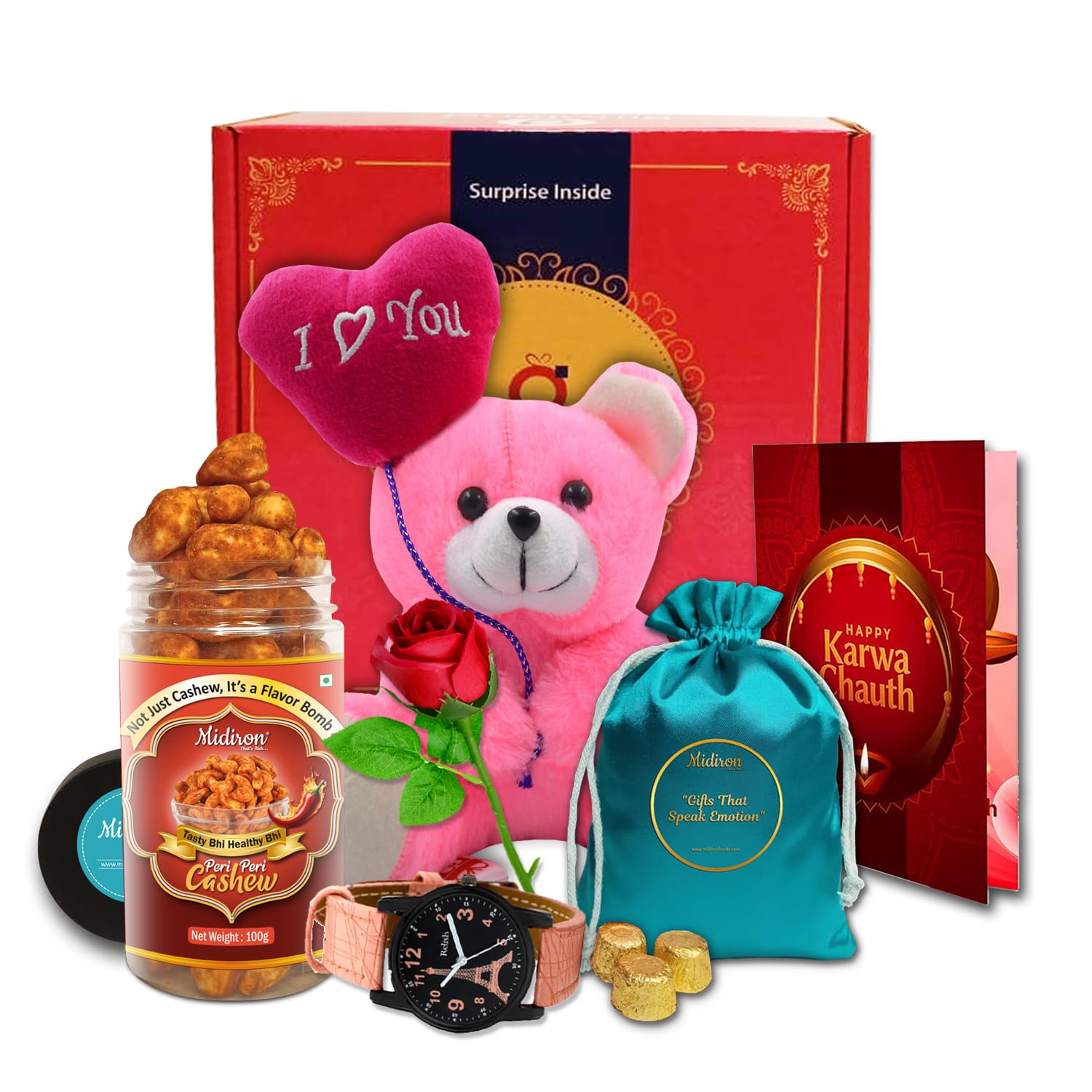 Midiron Romantic Karwa Chauth Gift for Wife, Luxury Festive gift Hamper for Spacial Festival, Perfect Combo with Spicy Peri-Peri Cashews & Chocolate Thaili, Adorable Teddy with Wishes Card-image-43
