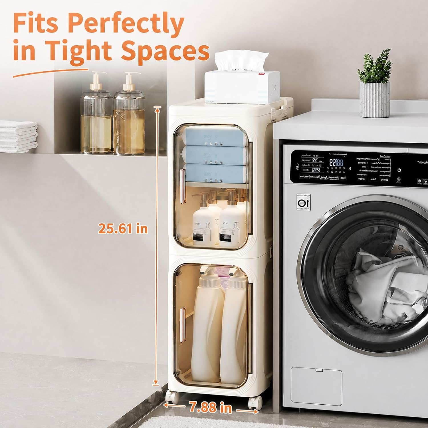 2-Tier Slim Bathroom Storage Cabinet, Narrow Storage Cabinet with Wheels, Adjustable Shelves, Magnetic Doors, Water-Proof, Anti-Tip Skinny Organizer Cabinet for Small Space, Cream White image 3