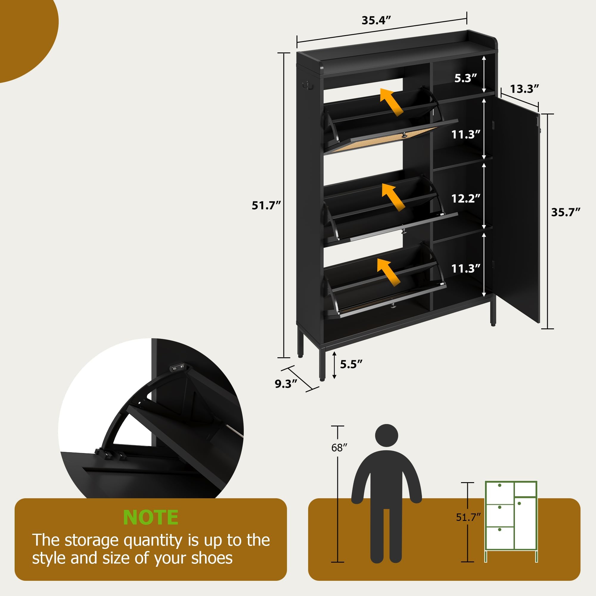 Litake Zapatero Estrecho con Puertas de ratán y 3 cajones abatibles, 4 Niveles con estantes Ajustables, Gran Capacidad hasta 50 Pares, para recibidor/Pasillo/Armario - Negro, versión Mejorada