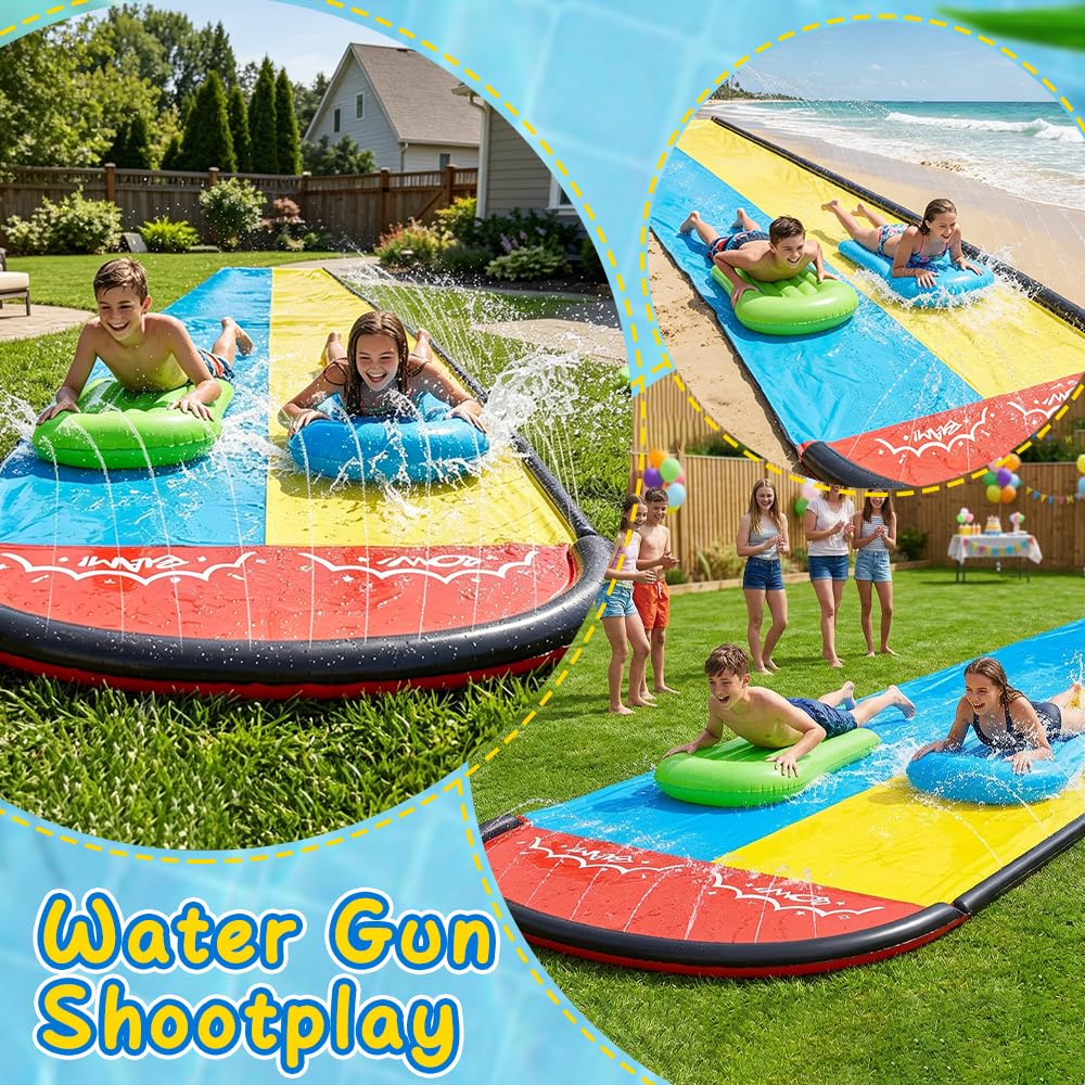 Mineup Wasserrutsche Garten 6.1m mit 2 Bodyboards Doppelrutsche Eingebautem Sprinkler