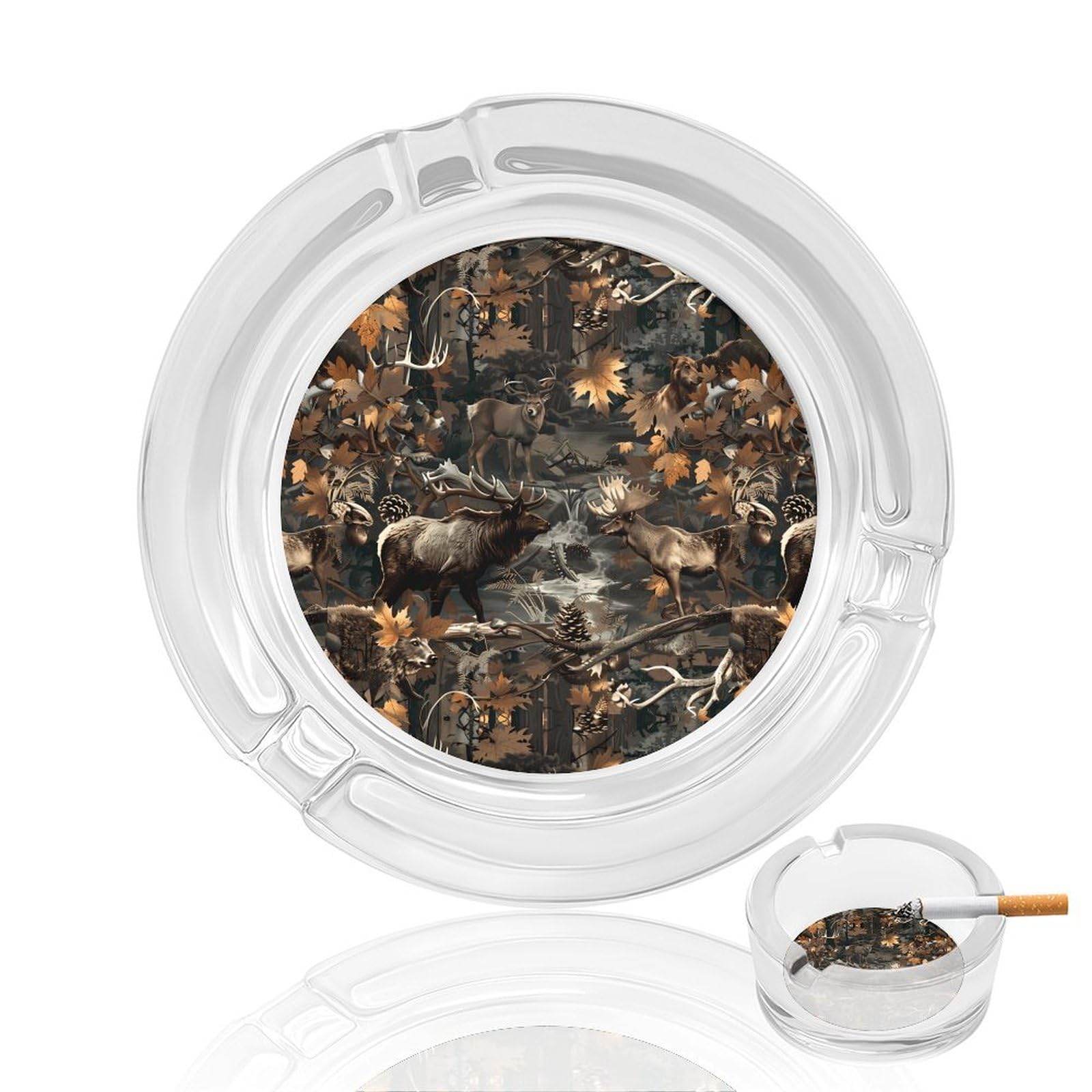 Deer Hunting Camouflage Bear Ashtray Portable Round Glass Outdoor Ash Tray for Home Office Garden Pub