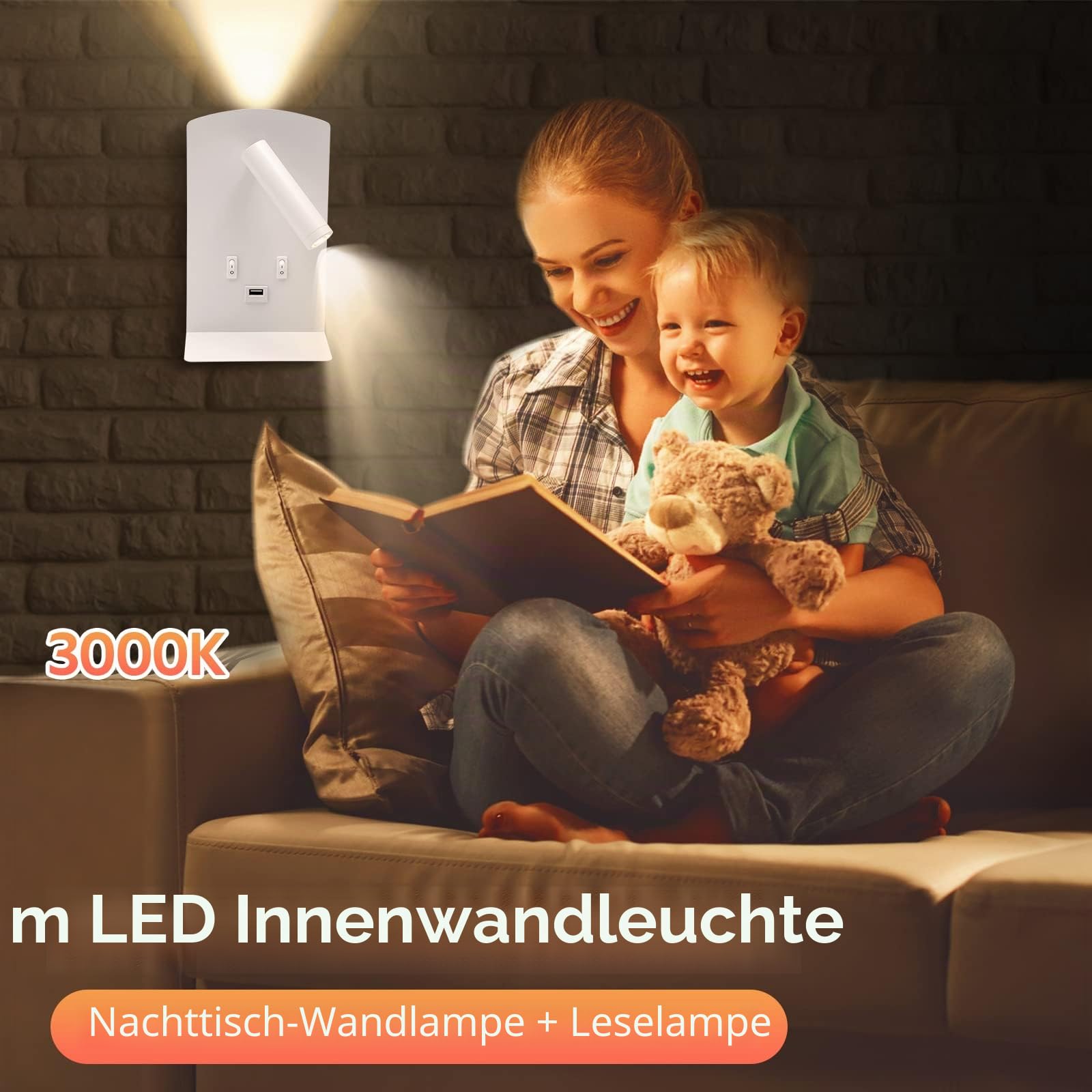 2PCS Wandleuchte Innen LED, Nachttischlampe mit Schalter, USB-Ladeanschluss Wandlampe, 12W Innenwandleuchte, 360°Drehbare, Moderne Wandbeleuchtung, 3000K Warmweiß für Schlafzimmer Wohnzimmer