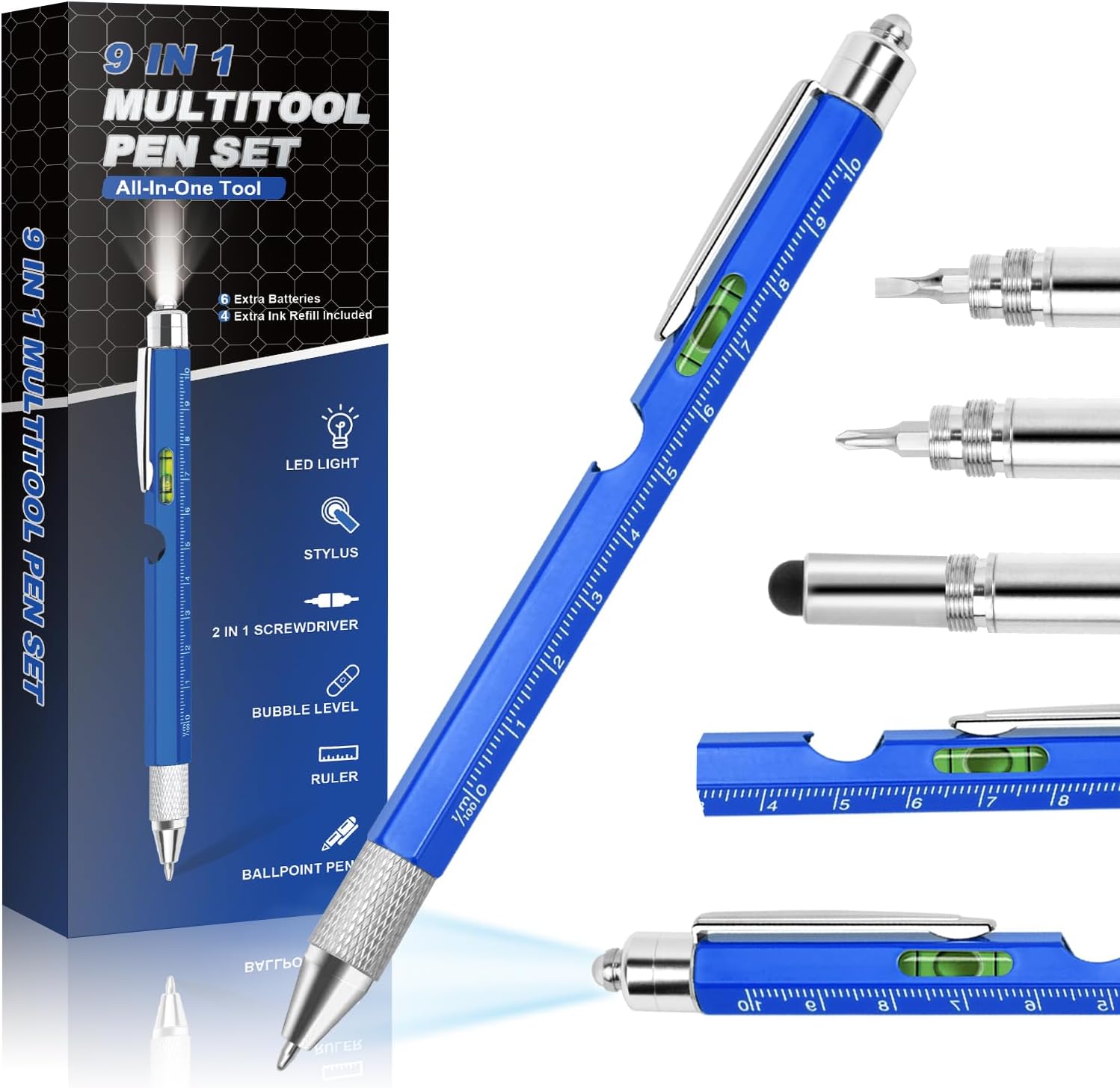 Pen Gifts for Men, Cool Gadgets 9 in 1 Multitool Pen, Stocking Stuffers for Men Women, Useful Gadgets Gift for Him Dad Husband Women on Christmas, Valentine’s Day, Father’s Day, Birthday (Blue-N)