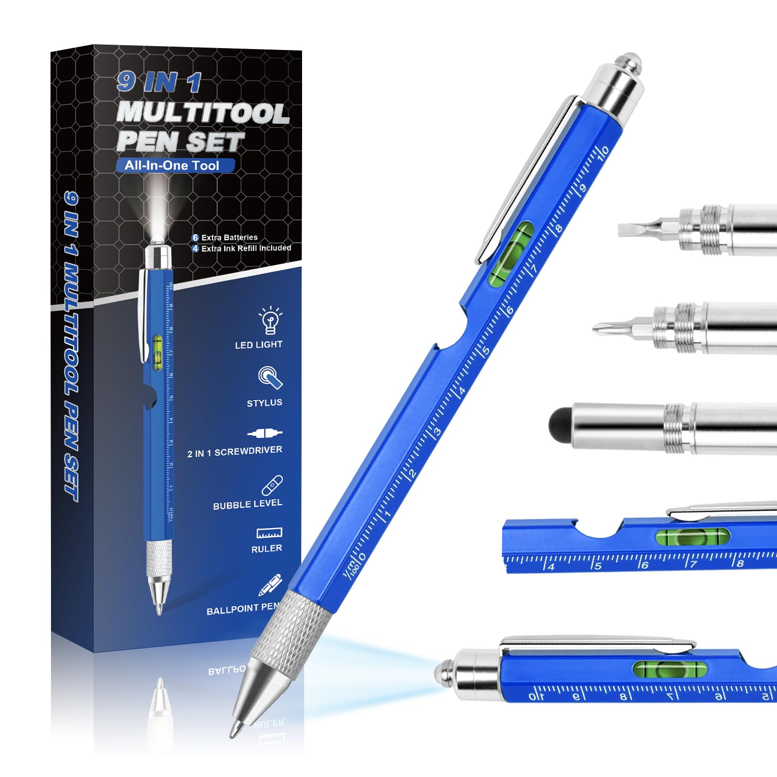 Pen Gifts for Men, Cool Gadgets 9 in 1 Multitool Pen, Stocking Stuffers for Men Women, Useful Gadgets Gift for Him Dad Husband Women on Christmas, Valentine's Day, Father's Day, Birthday (Blue-N)