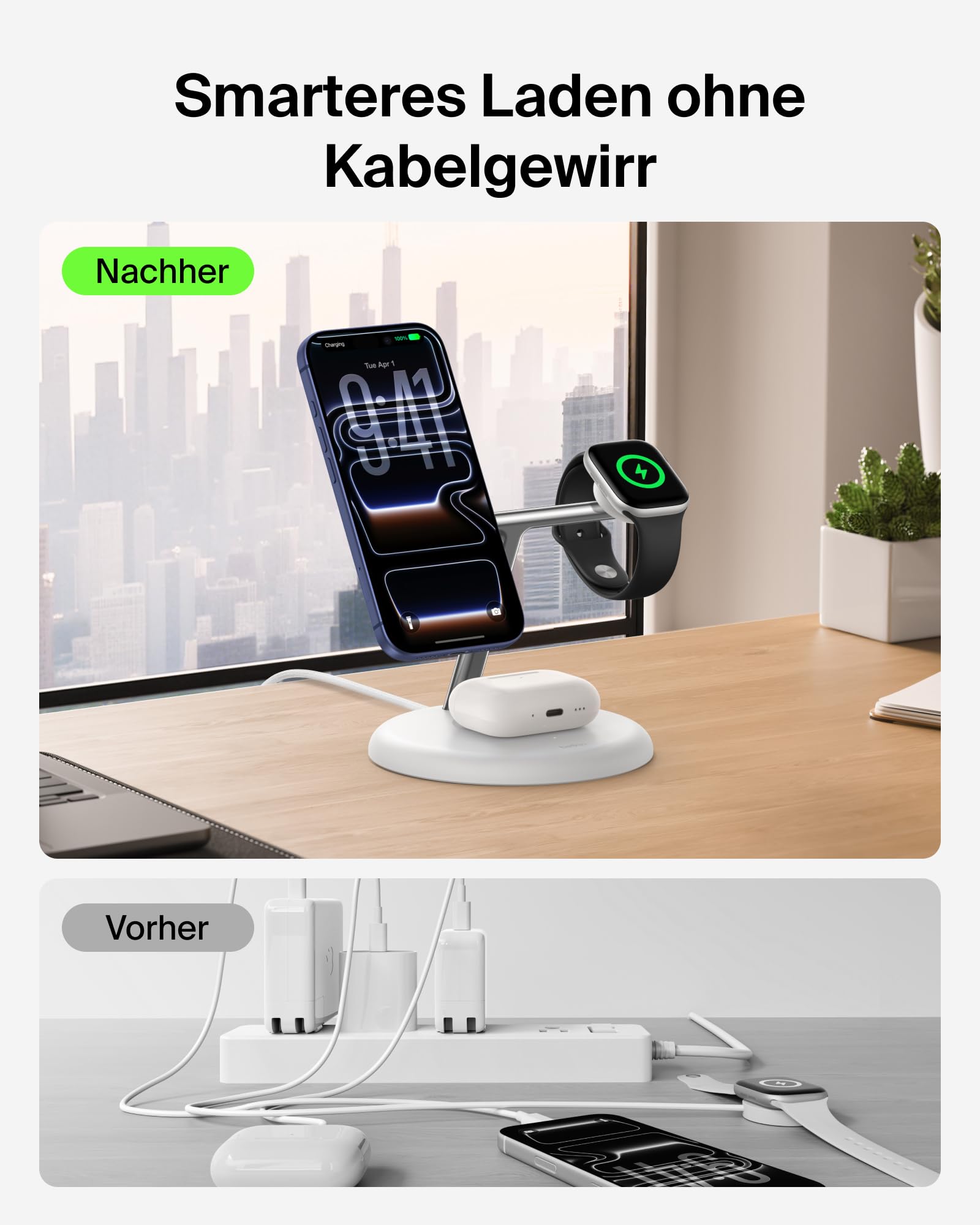 Belkin UltraCharge 3-in1 Induktive-Ladestation mit Qi2, 25W – Weiß | Qi2.2-zertifiziert, MagSafe Kompatibles Kabelloses Ladegerät für iPhone, Apple Watch, Kopfhörer; USB-C-Kabel, 45W Netzteil