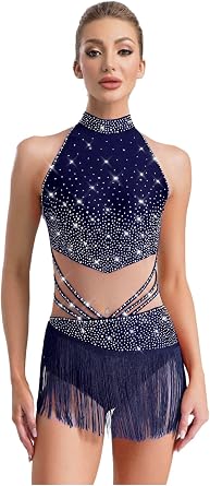 iEFiEL Womens Latin Jazz Dance Dress Sleeveless Rhinestone Tassels Bodysuit Lyrical Dance Costume