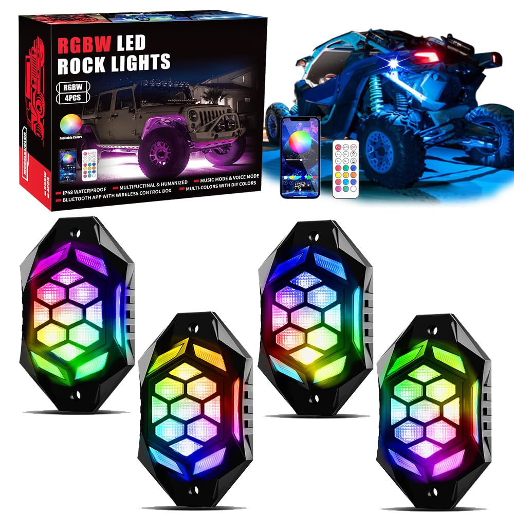 AUDEXEN 4 Pods RGBW LED Rock Lights Kit - with Brake Light & Turn Signals, Underglow Multicolor Neon Light Pod Compatible with Truck 4X4 Off-Road for