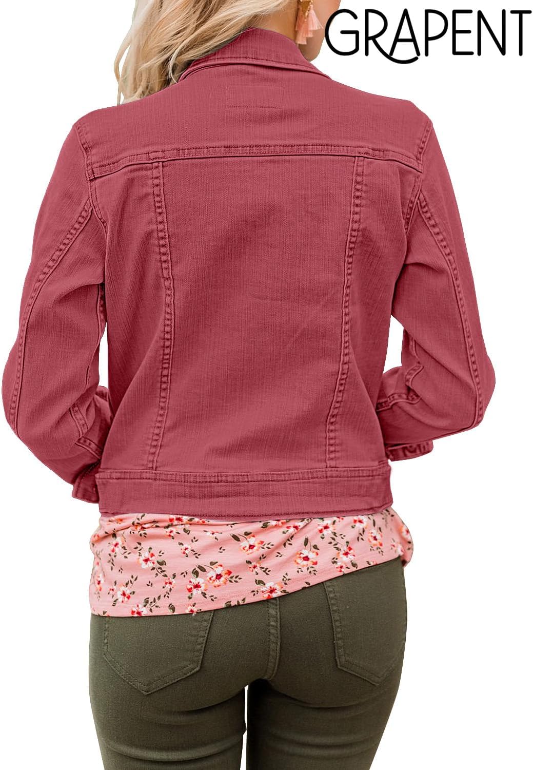 GRAPENT Women's Basic Button Down Long Sleeve Stretchy Jean Trucker Denim Jacket - Image 4