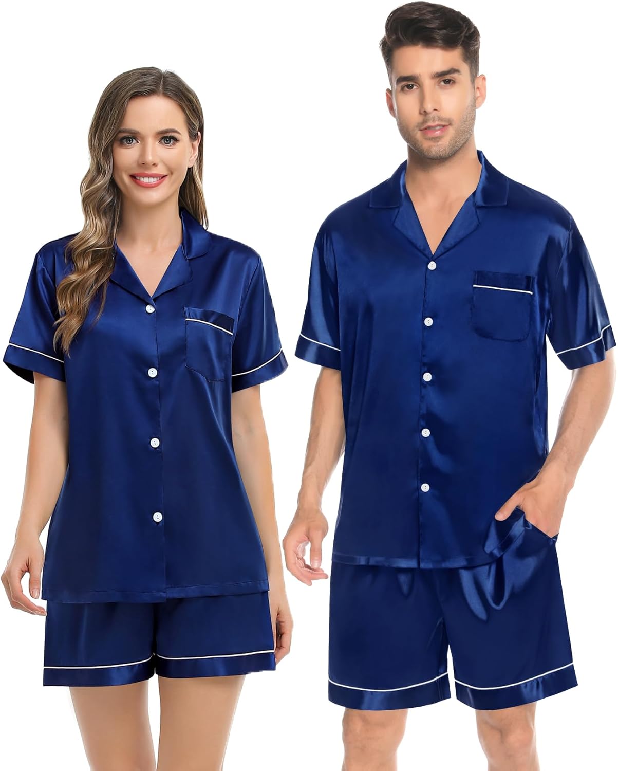 SWOMOG Couples Pajamas Women &Men Silky Satin Sleepwear Short Sleeve Button Down Pj Set Loungewear