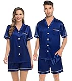 Couples Pajamas Women &Men Silky Satin Sleepwear Short Sleeve Button Down Pj Set Loungewear