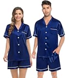 Couples Pajamas Women &Men Silky Satin Sleepwear Short Sleeve Button Down Pj Set Loungewear